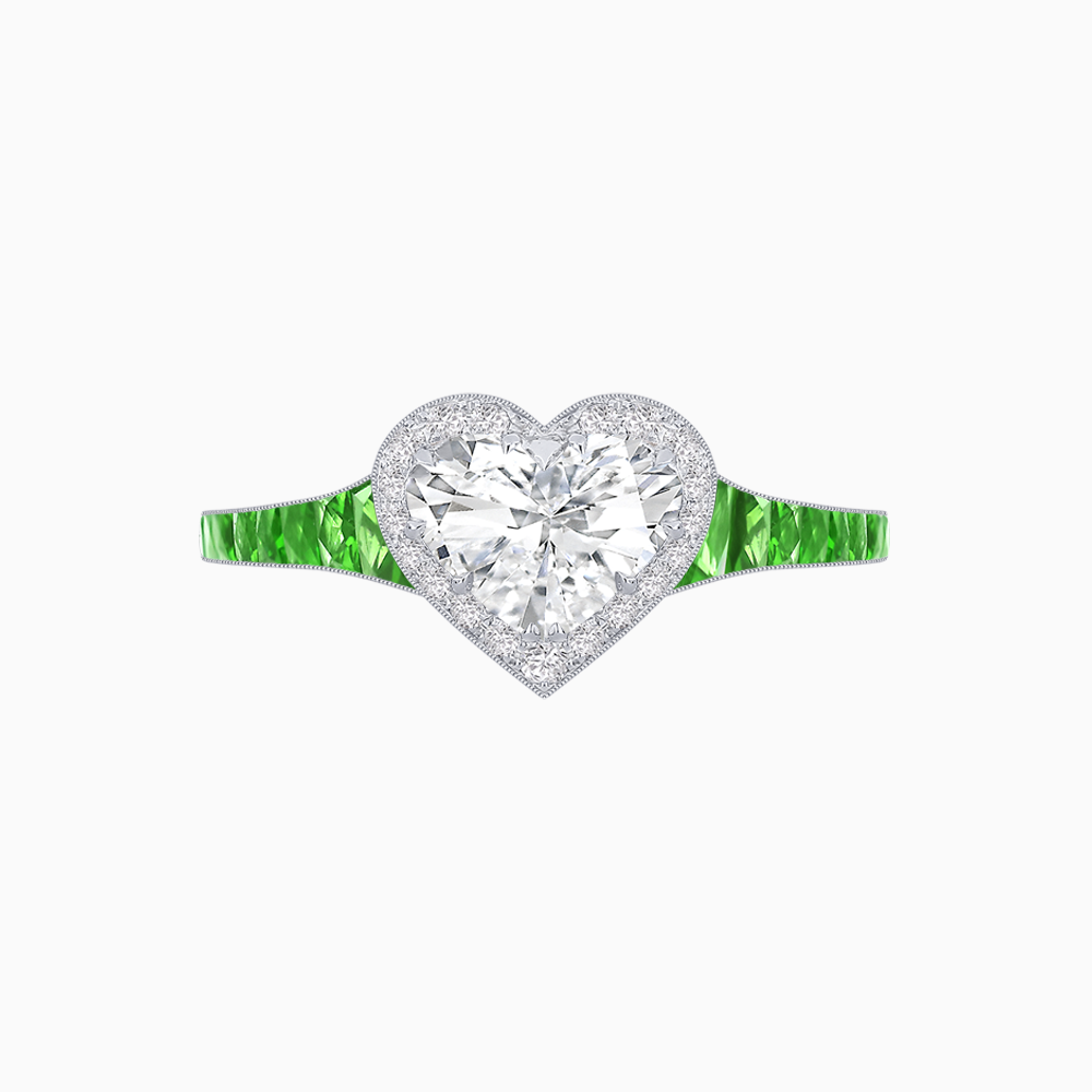 Heart Shape Ring with Diamond Halo and French-Cut Gemstone Shoulder Accents
