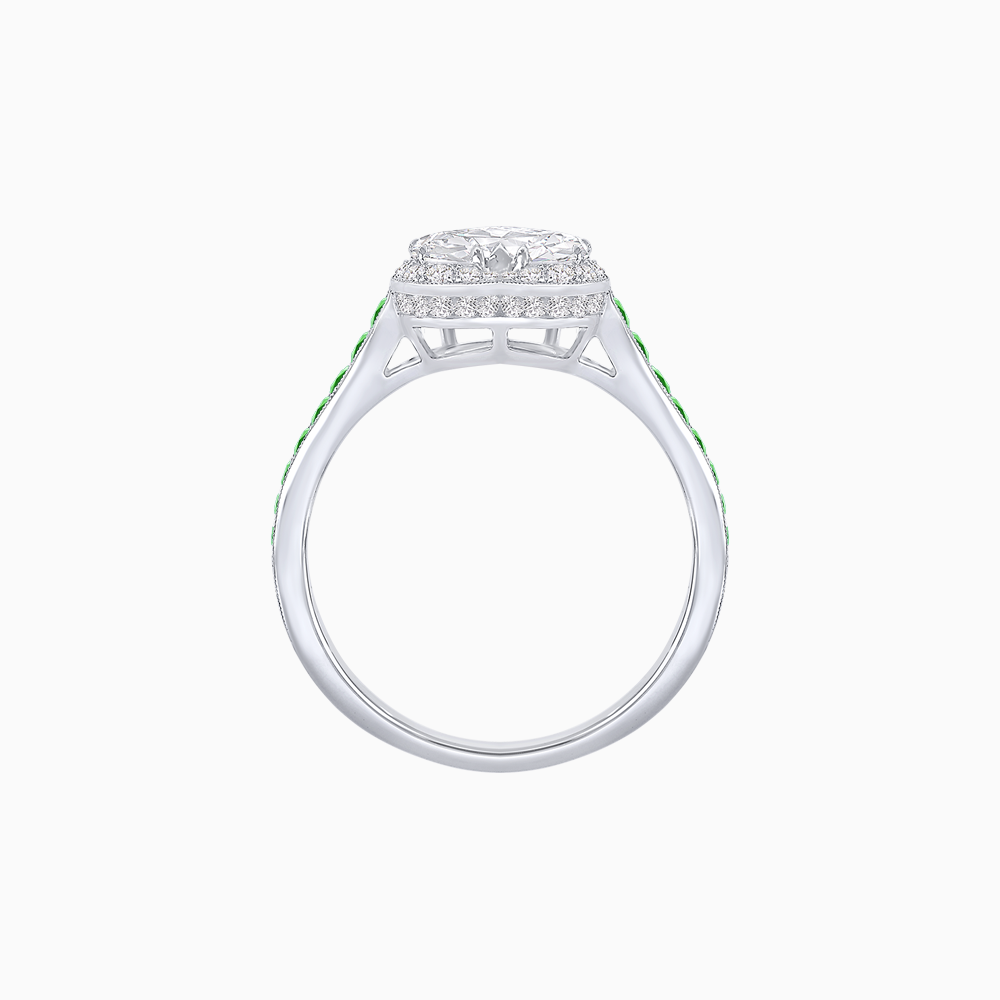 Heart Shape Ring with Diamond Halo and French-Cut Gemstone Shoulder Accents