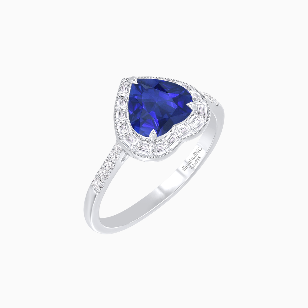 Heart Shape Ring with Baguette Diamond Halo and Diamond Accents