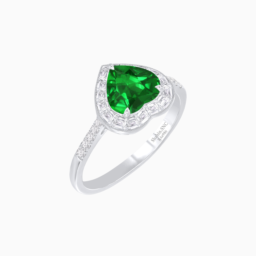 Heart Shape Ring with Baguette Diamond Halo and Diamond Accents