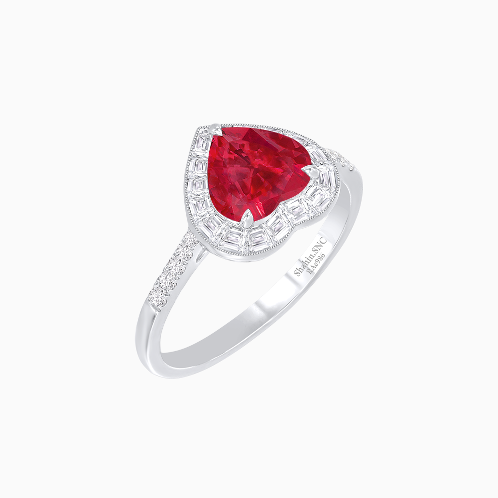 Heart Shape Ring with Baguette Diamond Halo and Diamond Accents
