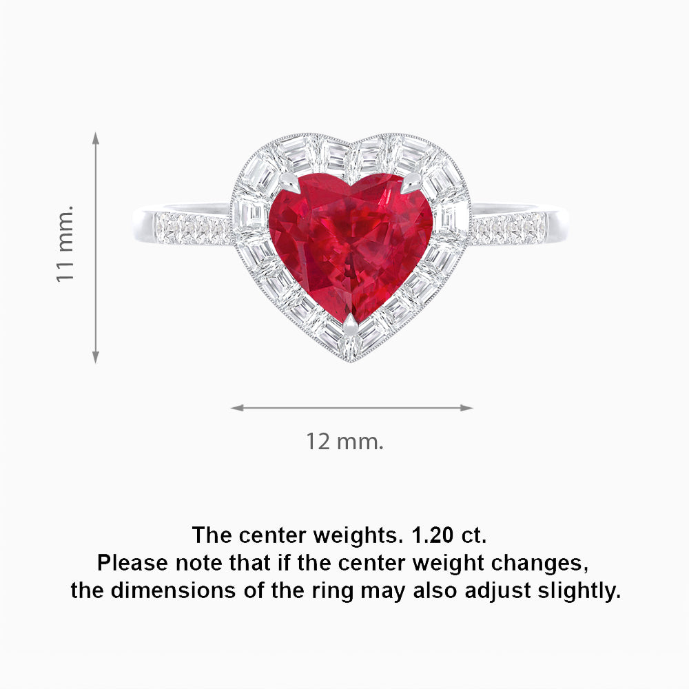 Heart Shape Ring with Baguette Diamond Halo and Diamond Accents