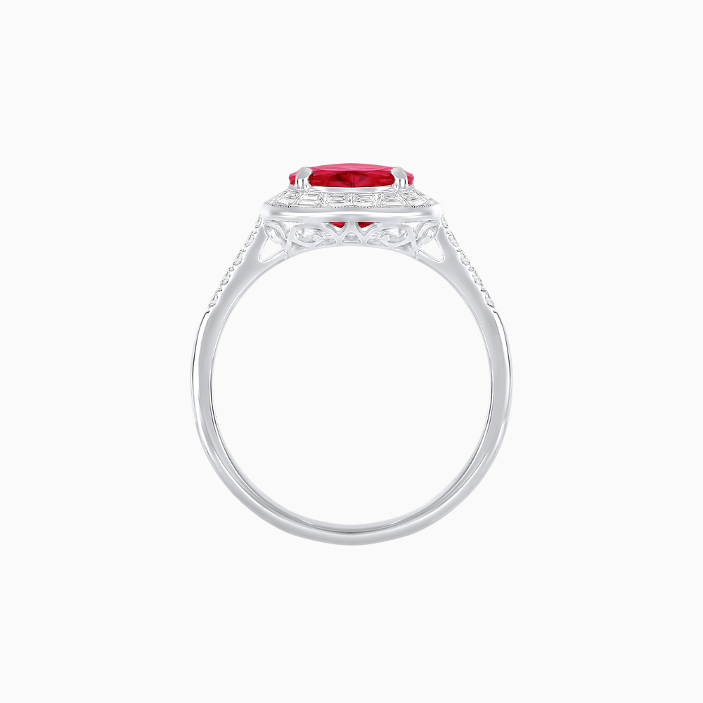 Heart Shape Ring with Baguette Diamond Halo and Diamond Accents