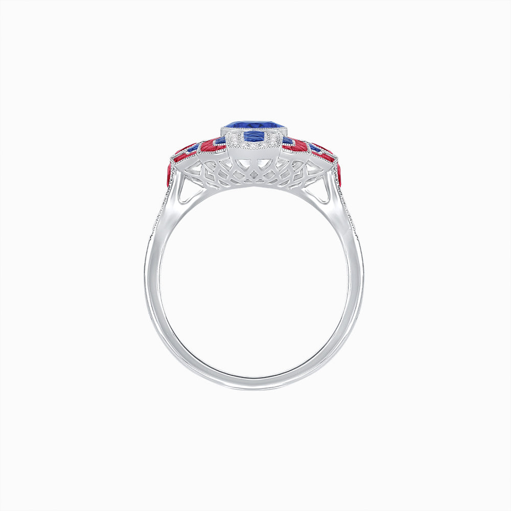 Geometric Art Deco-Style Ring with French-Cut Accents Custom Center Stone Mounting | Hand-Applied Milgrain Detailing