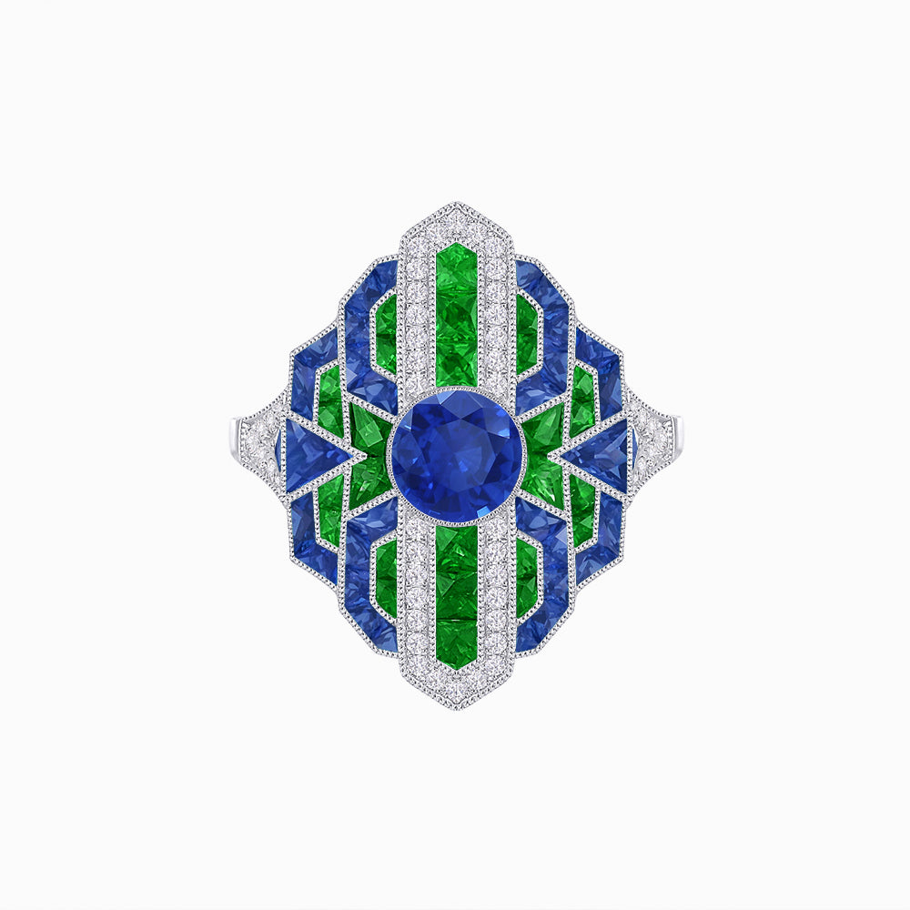 Geometric Art Deco-Style Ring with French-Cut Accents Custom Center Stone Mounting | Hand-Applied Milgrain Detailing