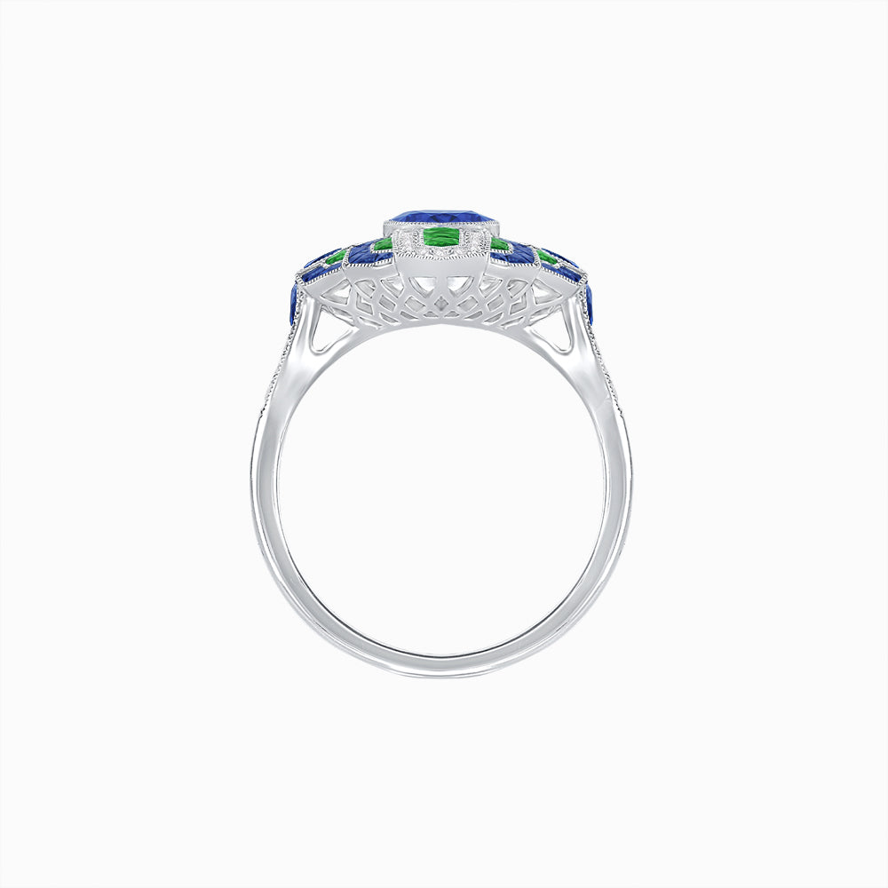 Geometric Art Deco-Style Ring with French-Cut Accents Custom Center Stone Mounting | Hand-Applied Milgrain Detailing