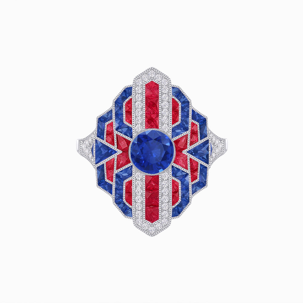 Geometric Art Deco-Style Ring with French-Cut Accents Custom Center Stone Mounting | Hand-Applied Milgrain Detailing