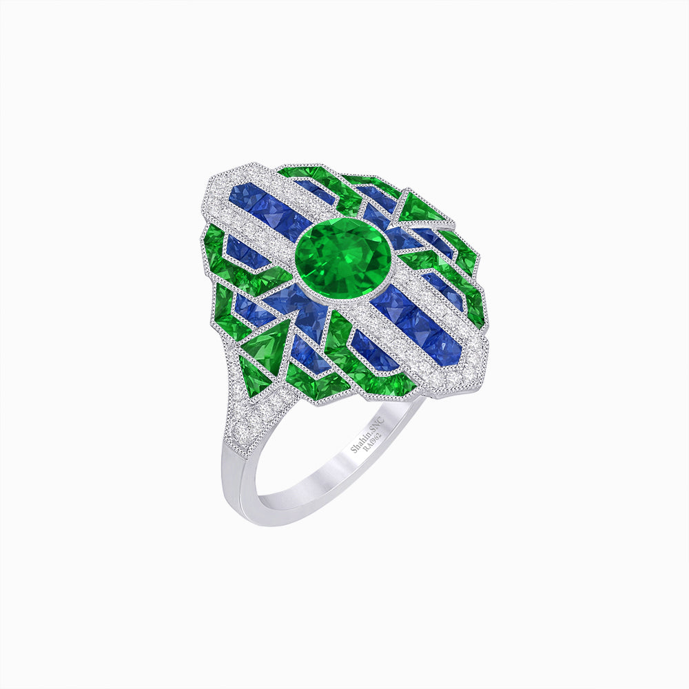 Geometric Art Deco-Style Ring with French-Cut Accents Custom Center Stone Mounting | Hand-Applied Milgrain Detailing