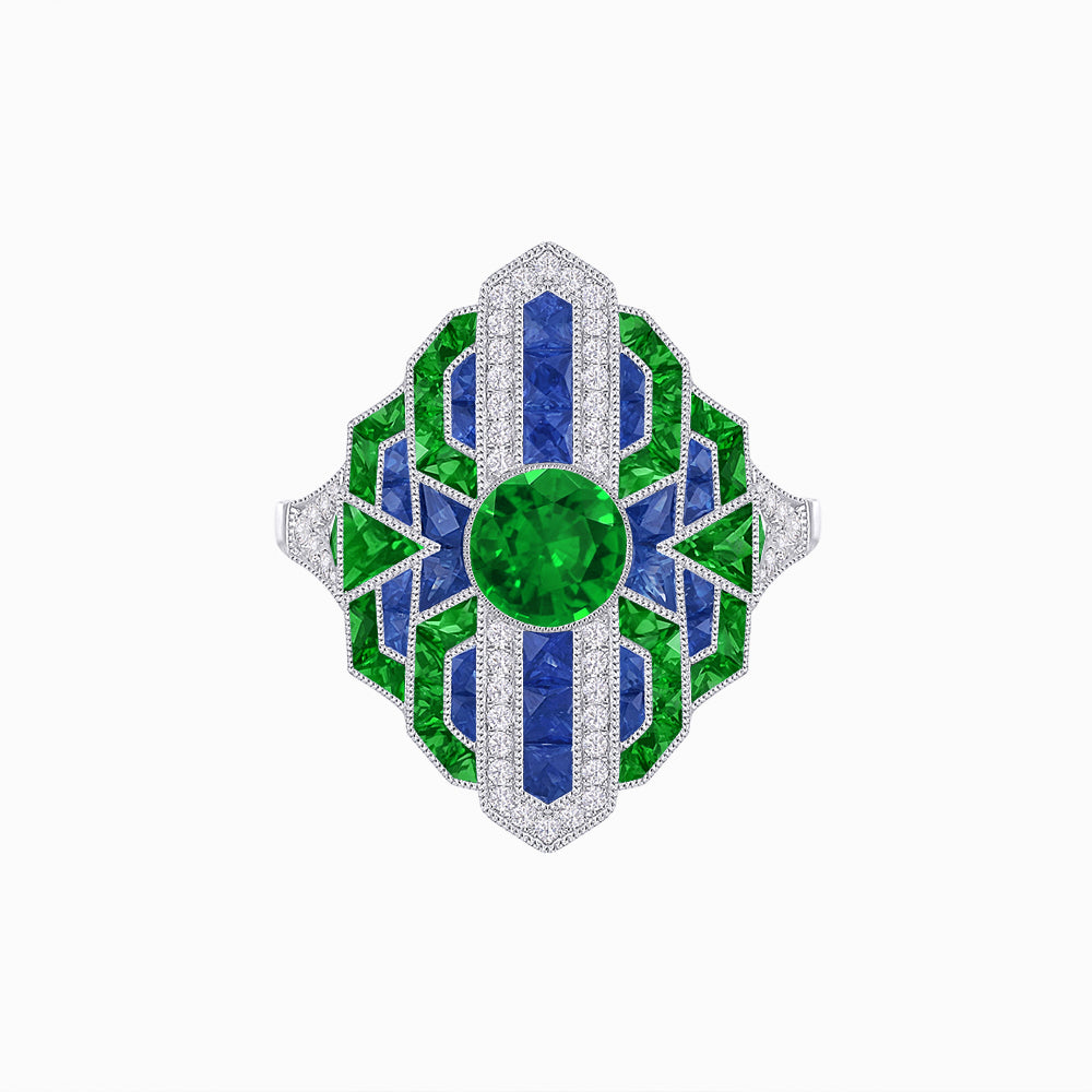 Geometric Art Deco-Style Ring with French-Cut Accents Custom Center Stone Mounting | Hand-Applied Milgrain Detailing