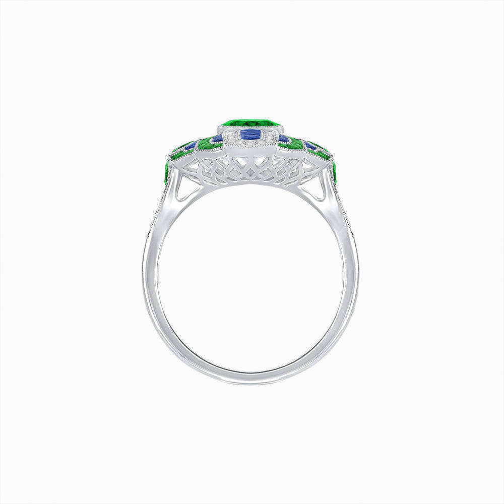 Geometric Art Deco-Style Ring with French-Cut Accents Custom Center Stone Mounting | Hand-Applied Milgrain Detailing