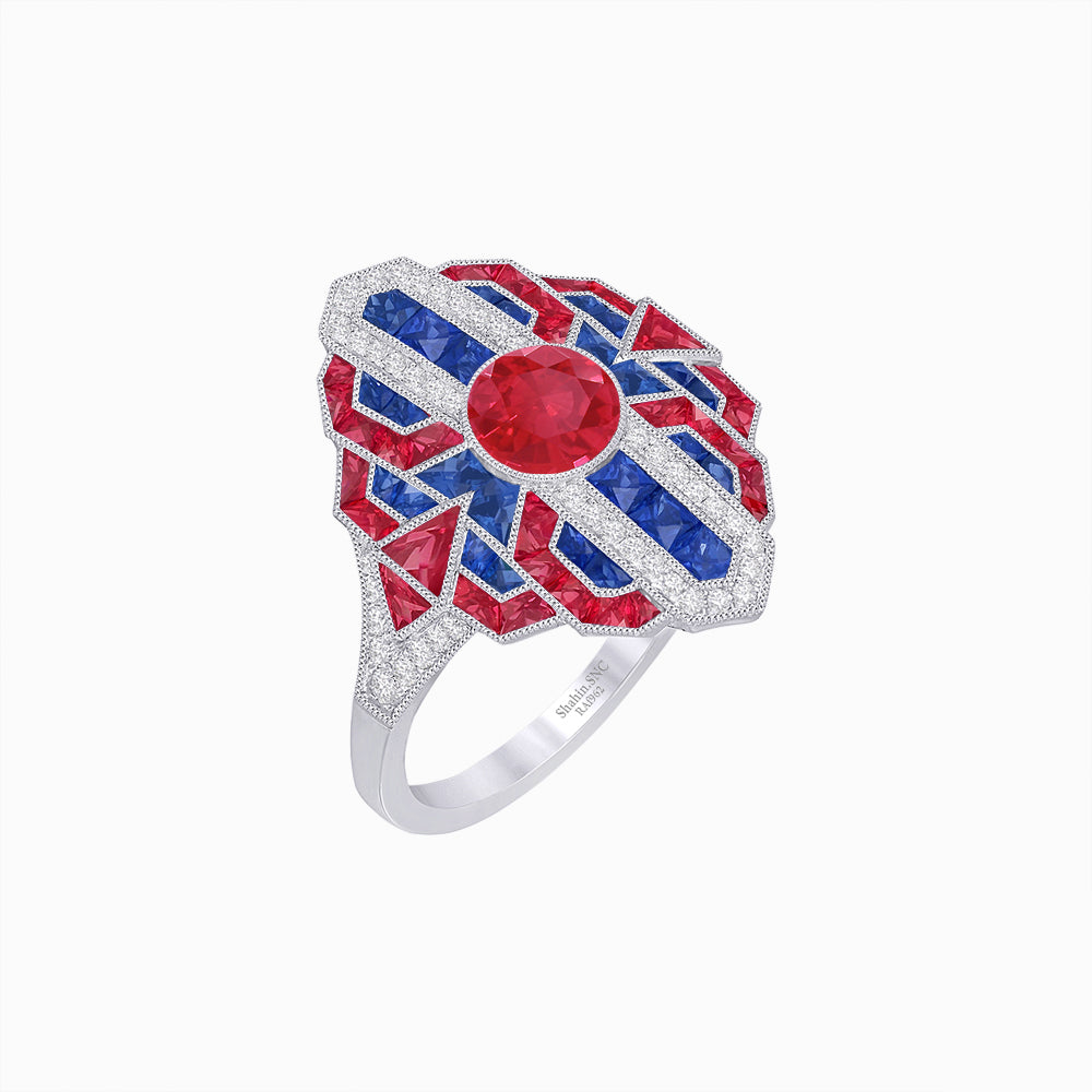 Geometric Art Deco-Style Ring with French-Cut Accents Custom Center Stone Mounting | Hand-Applied Milgrain Detailing