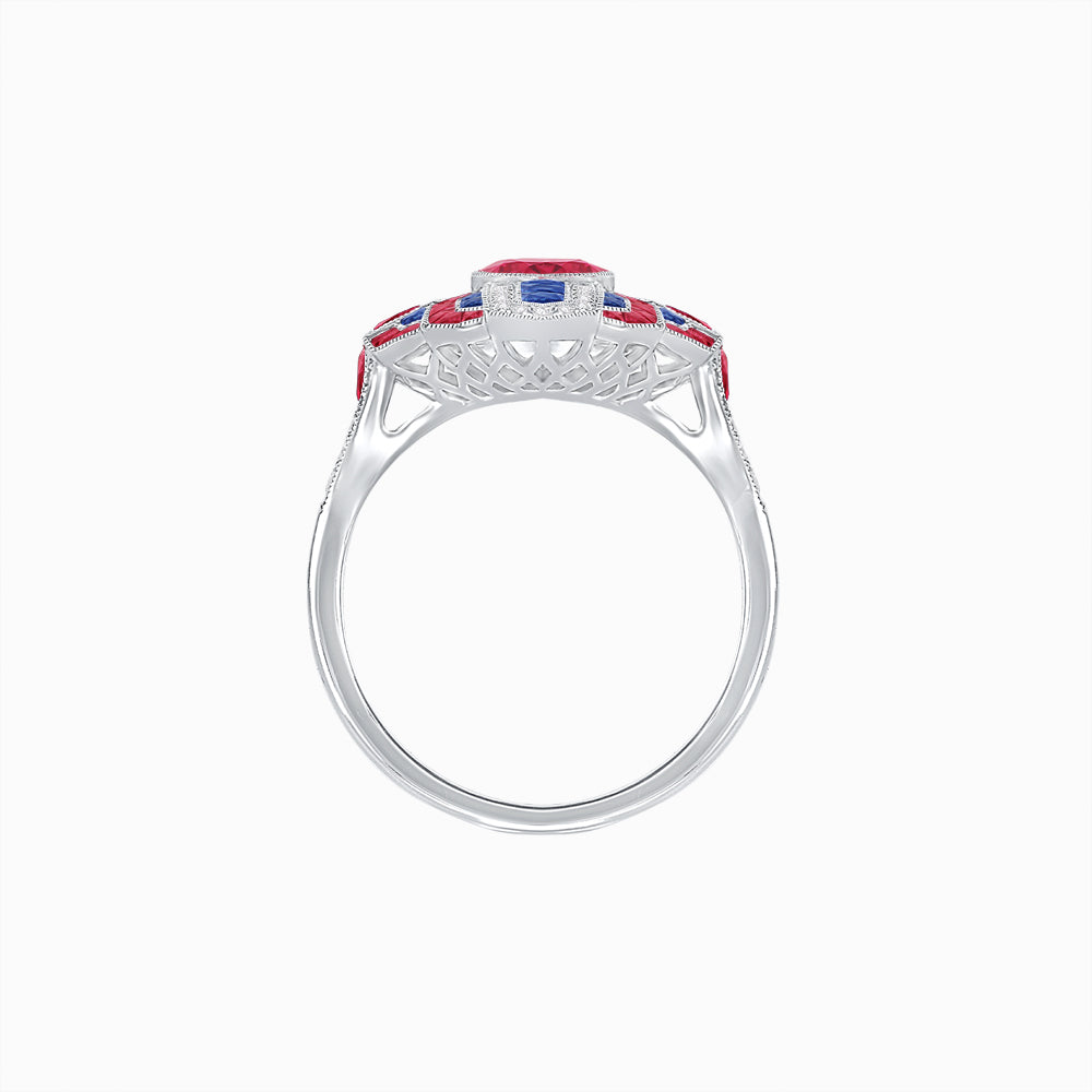 Geometric Art Deco-Style Ring with French-Cut Accents Custom Center Stone Mounting | Hand-Applied Milgrain Detailing