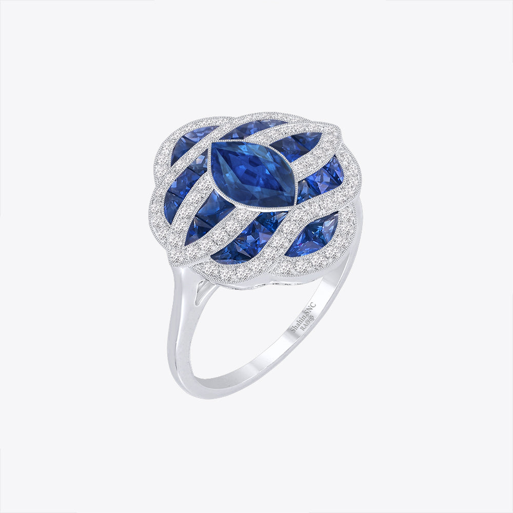Art Deco Inspired Marquise Cut Sea Wave Design Gemstone Ring