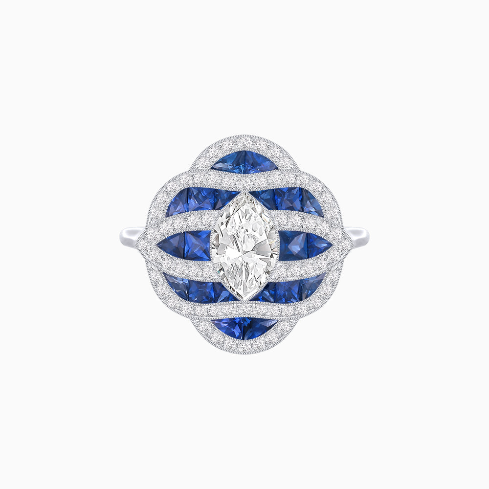 Art Deco Inspired Marquise Cut Sea Wave Design Gemstone Ring