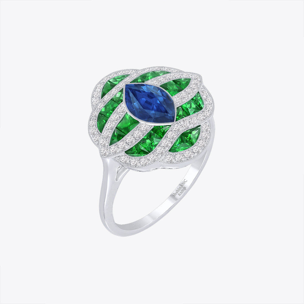 Art Deco Inspired Marquise Cut Sea Wave Design Gemstone Ring