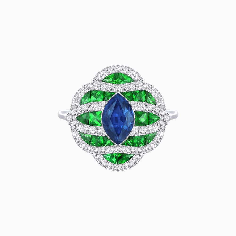 Art Deco Inspired Marquise Cut Sea Wave Design Gemstone Ring
