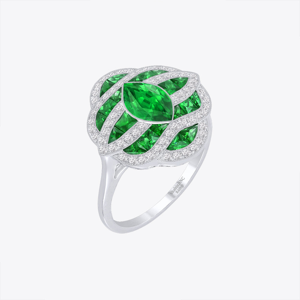 Art Deco Inspired Marquise Cut Sea Wave Design Gemstone Ring