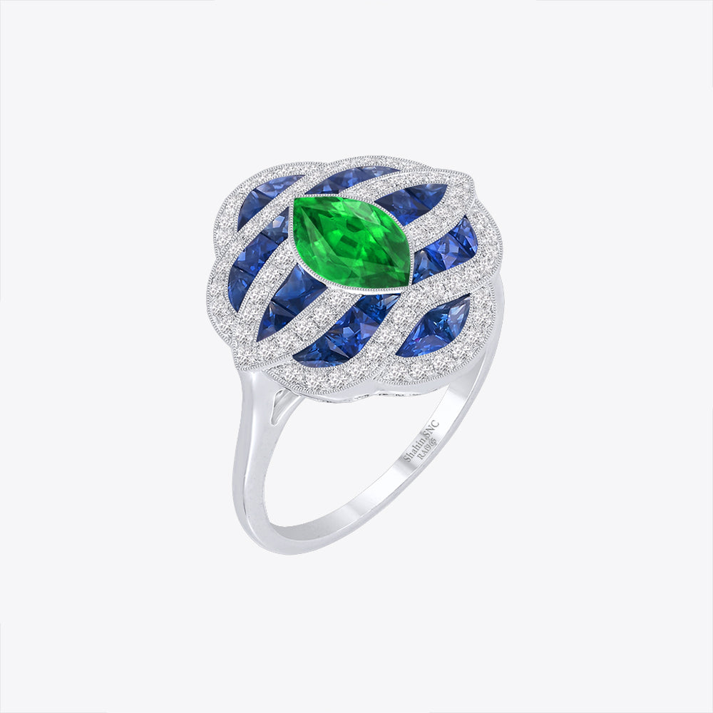 Art Deco Inspired Marquise Cut Sea Wave Design Gemstone Ring