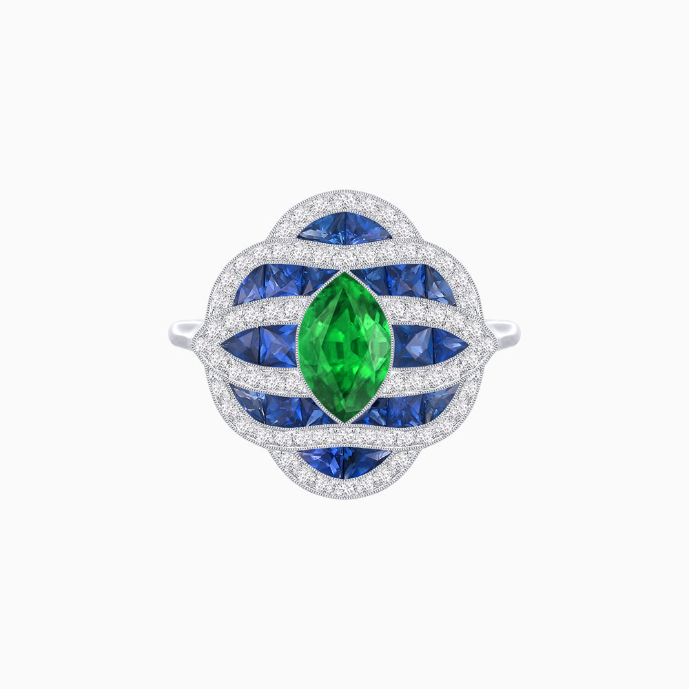 Art Deco Inspired Marquise Cut Sea Wave Design Gemstone Ring