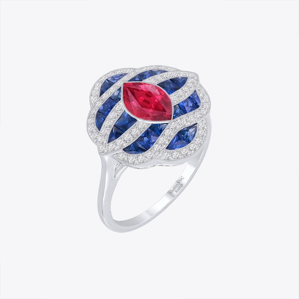Art Deco Inspired Marquise Cut Sea Wave Design Gemstone Ring