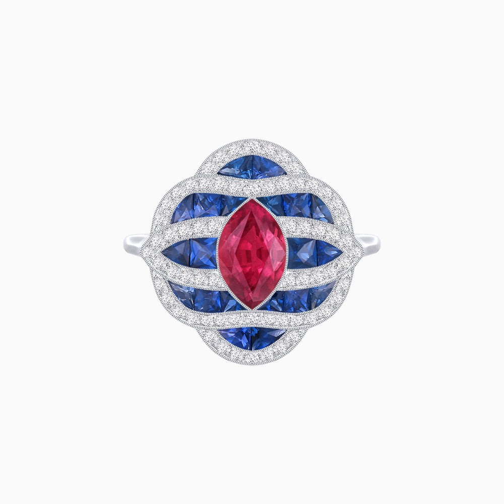 Art Deco Inspired Marquise Cut Sea Wave Design Gemstone Ring