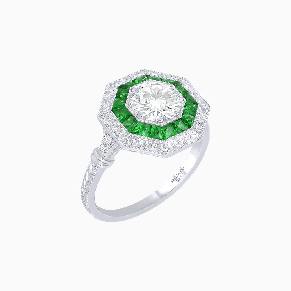 Art Deco Inspired Octagonal French-Cut Gemstone Ring