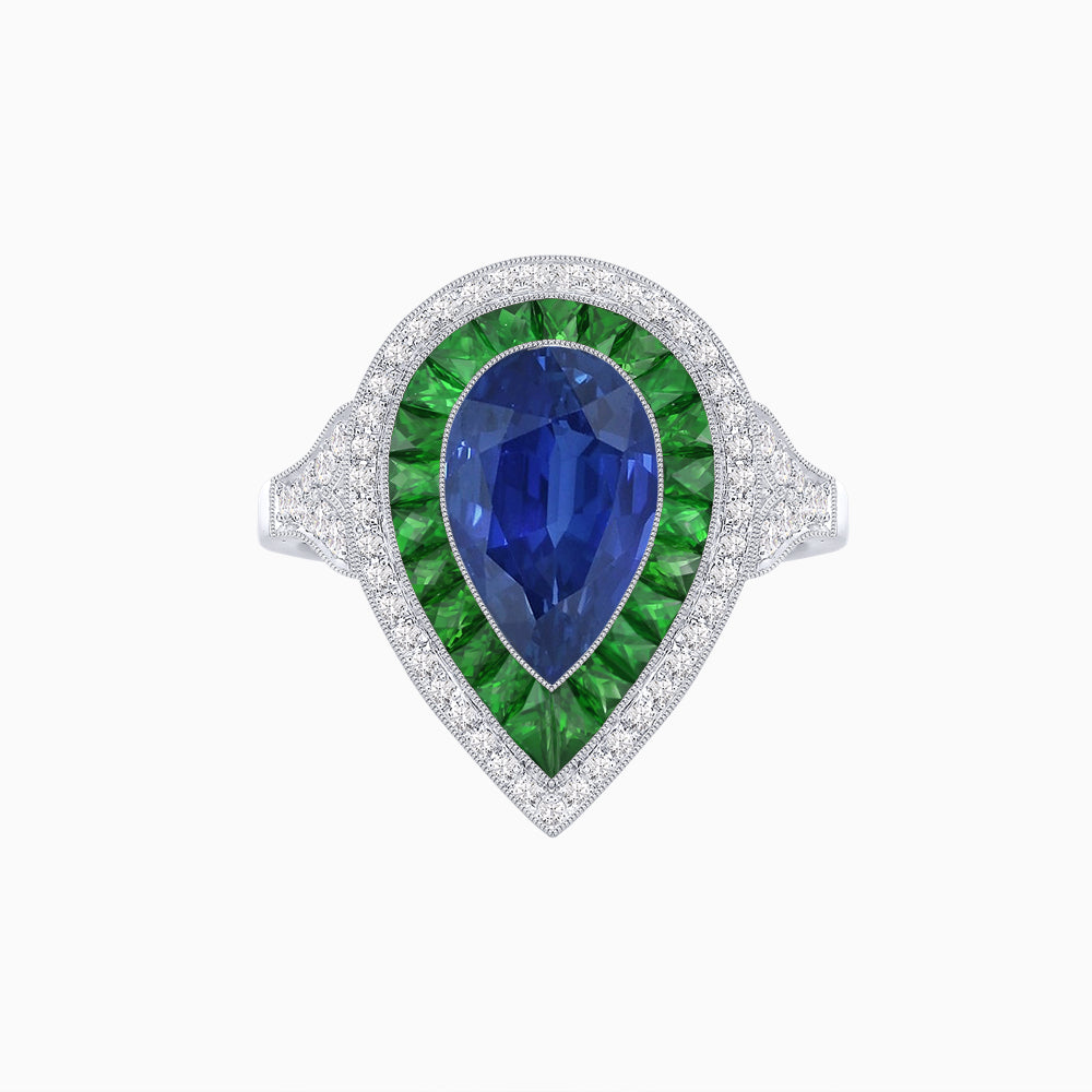 Art Deco Inspired Pear Cut Gemstone Double Halo Ring