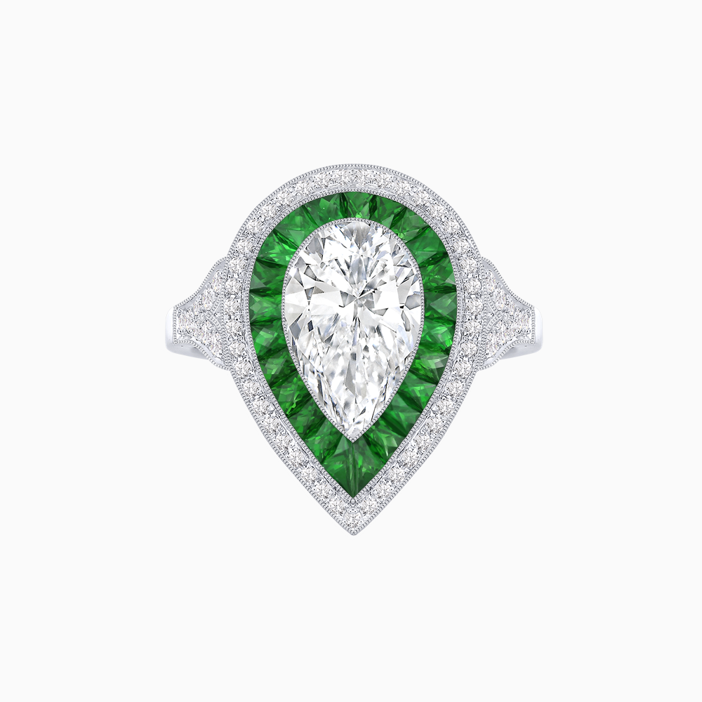 Art Deco Inspired Pear Cut Gemstone Double Halo Ring