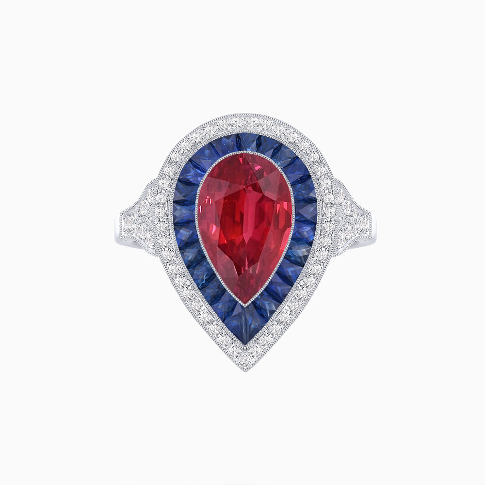 Art Deco Inspired Pear Cut Gemstone Double Halo Ring