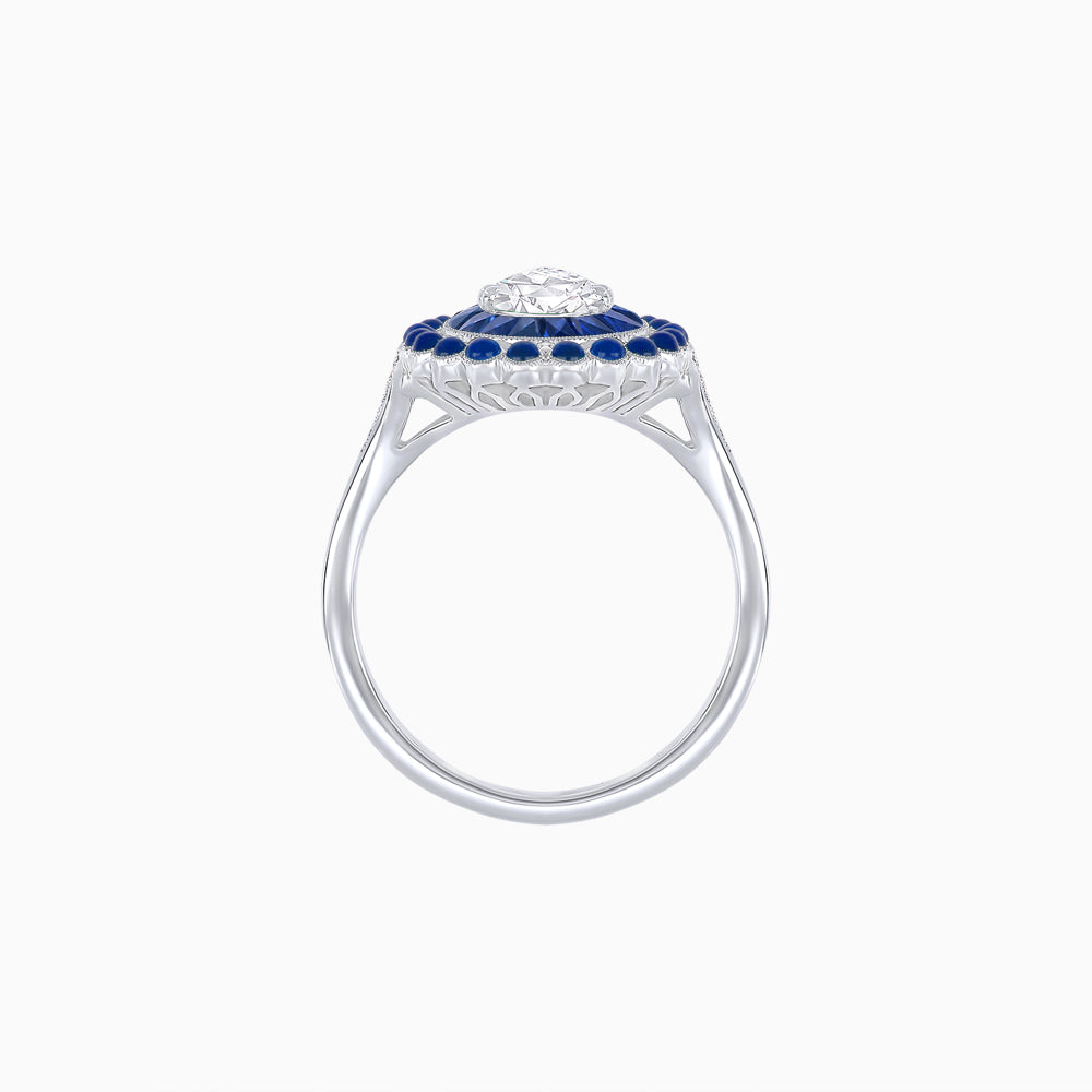 Vintage Style Pear Shape Mosaic Ring with French-Cut and Cabochon Borders