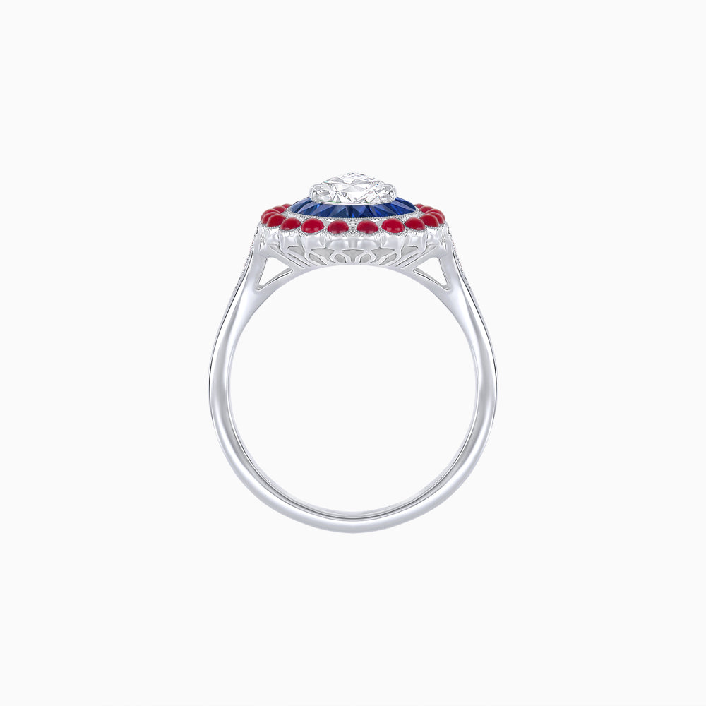 Vintage Style Pear Shape Mosaic Ring with French-Cut and Cabochon Borders