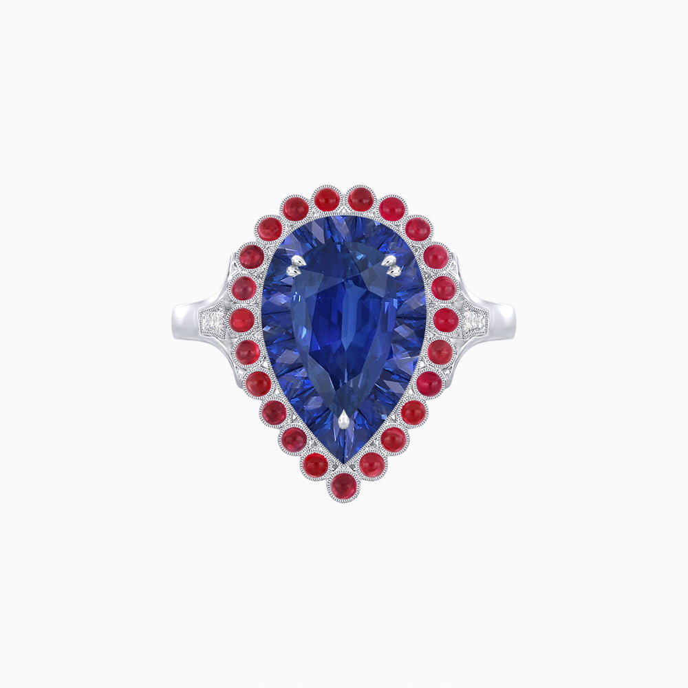 Vintage Style Pear Shape Mosaic Ring with French-Cut and Cabochon Borders