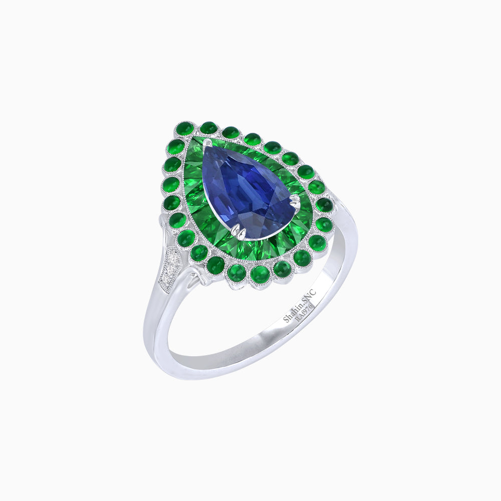 Vintage Style Pear Shape Mosaic Ring with French-Cut and Cabochon Borders