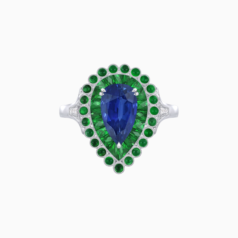 Vintage Style Pear Shape Mosaic Ring with French-Cut and Cabochon Borders