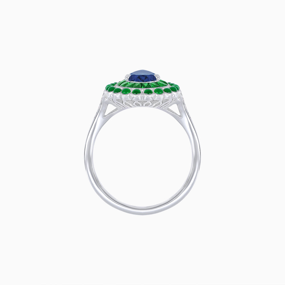 Vintage Style Pear Shape Mosaic Ring with French-Cut and Cabochon Borders