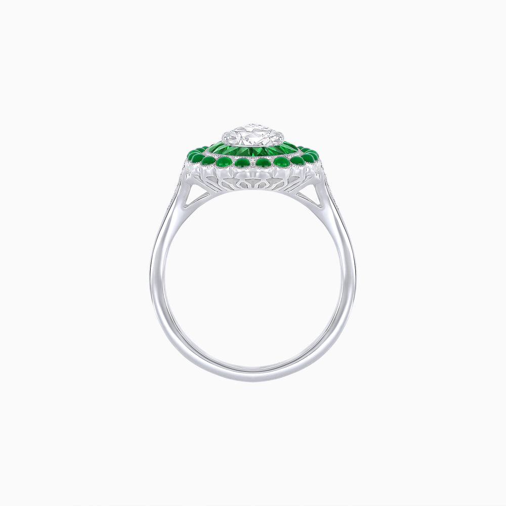 Vintage Style Pear Shape Mosaic Ring with French-Cut and Cabochon Borders