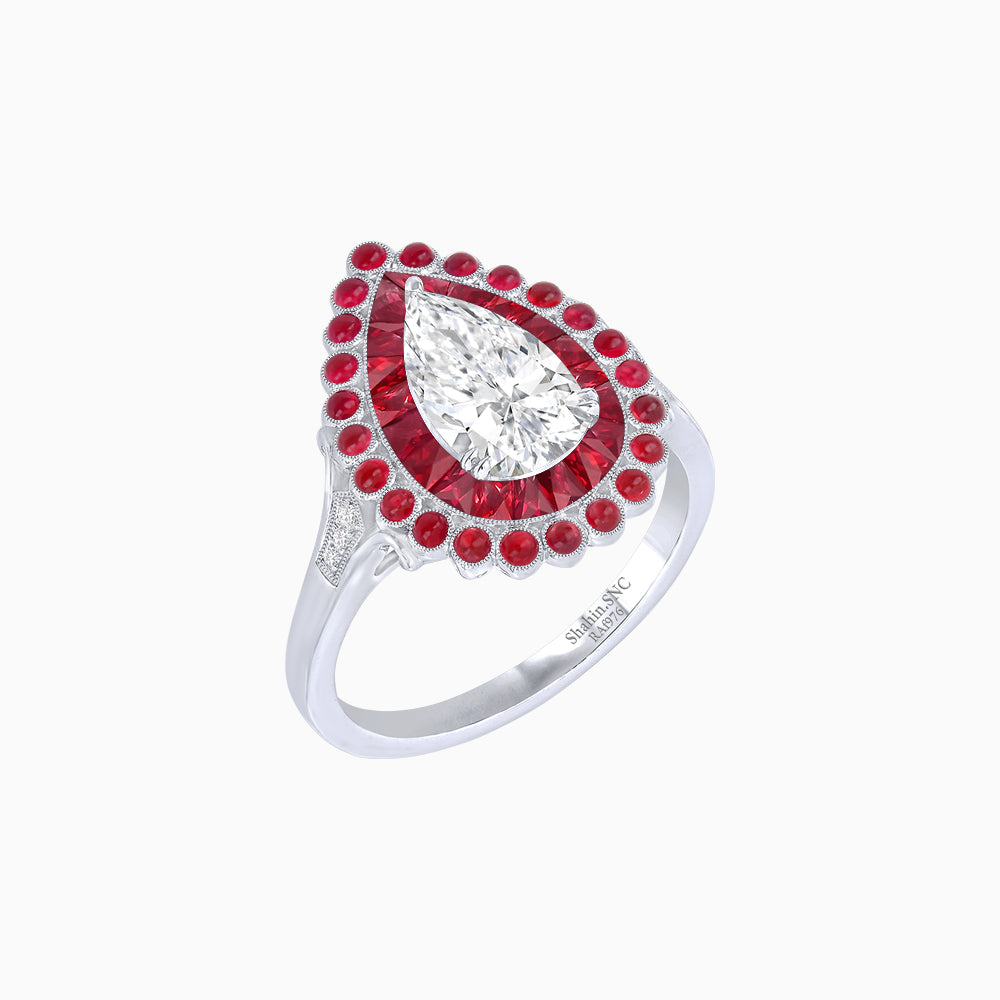 Vintage Style Pear Shape Mosaic Ring with French-Cut and Cabochon Borders
