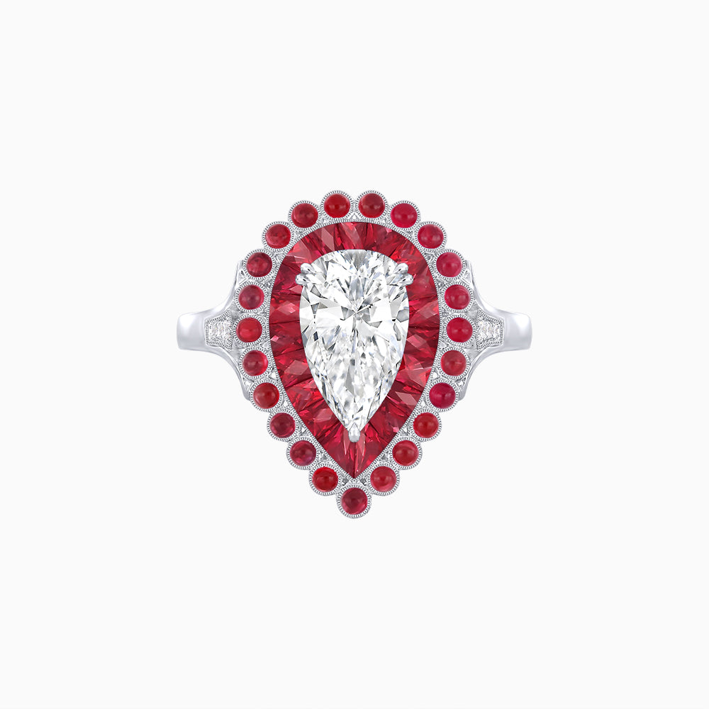 Vintage Style Pear Shape Mosaic Ring with French-Cut and Cabochon Borders