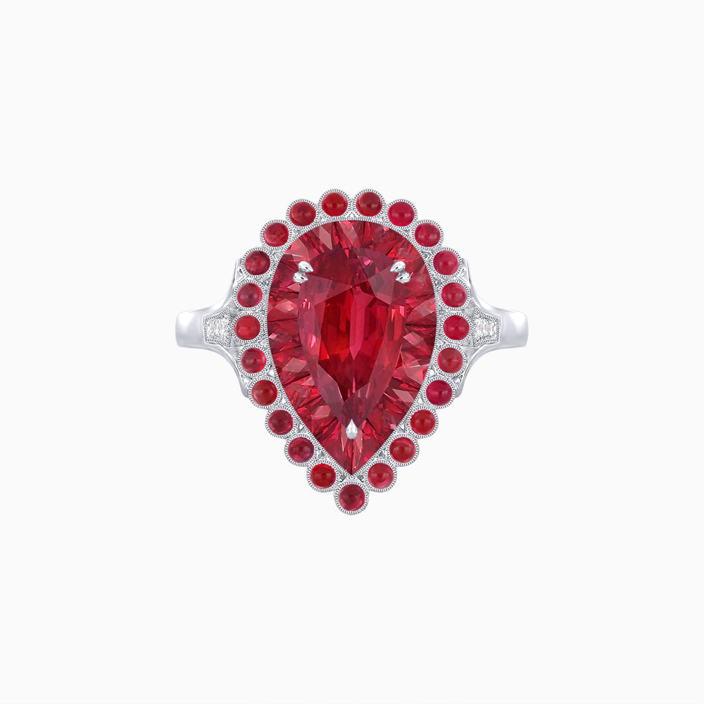 Vintage Style Pear Shape Mosaic Ring with French-Cut and Cabochon Borders