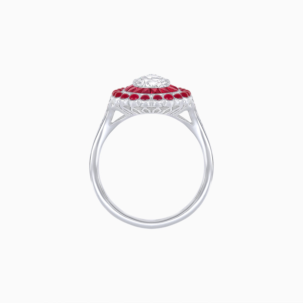 Vintage Style Pear Shape Mosaic Ring with French-Cut and Cabochon Borders