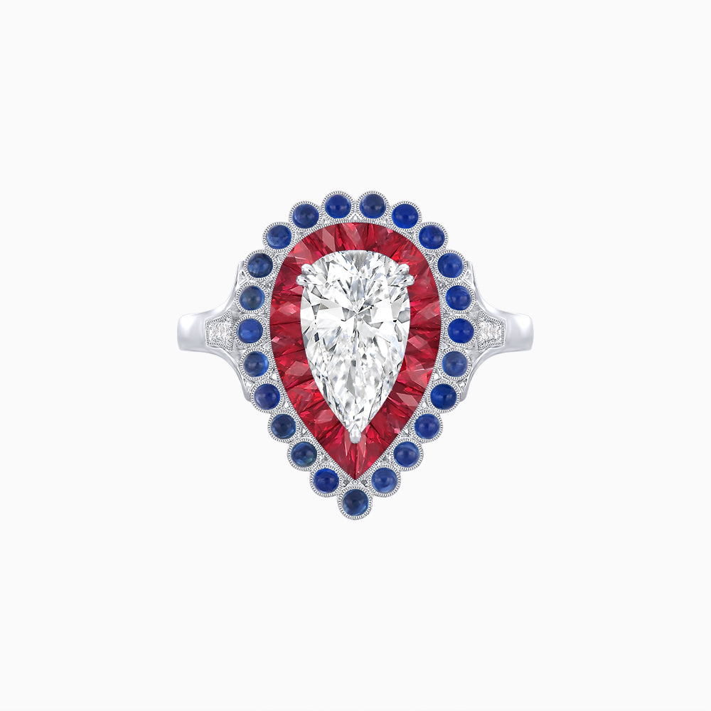 Vintage Style Pear Shape Mosaic Ring with French-Cut and Cabochon Borders