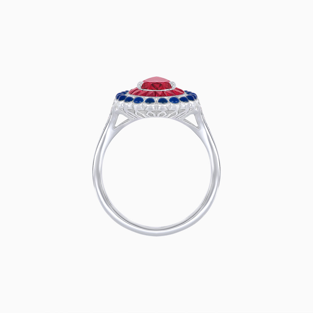 Vintage Style Pear Shape Mosaic Ring with French-Cut and Cabochon Borders
