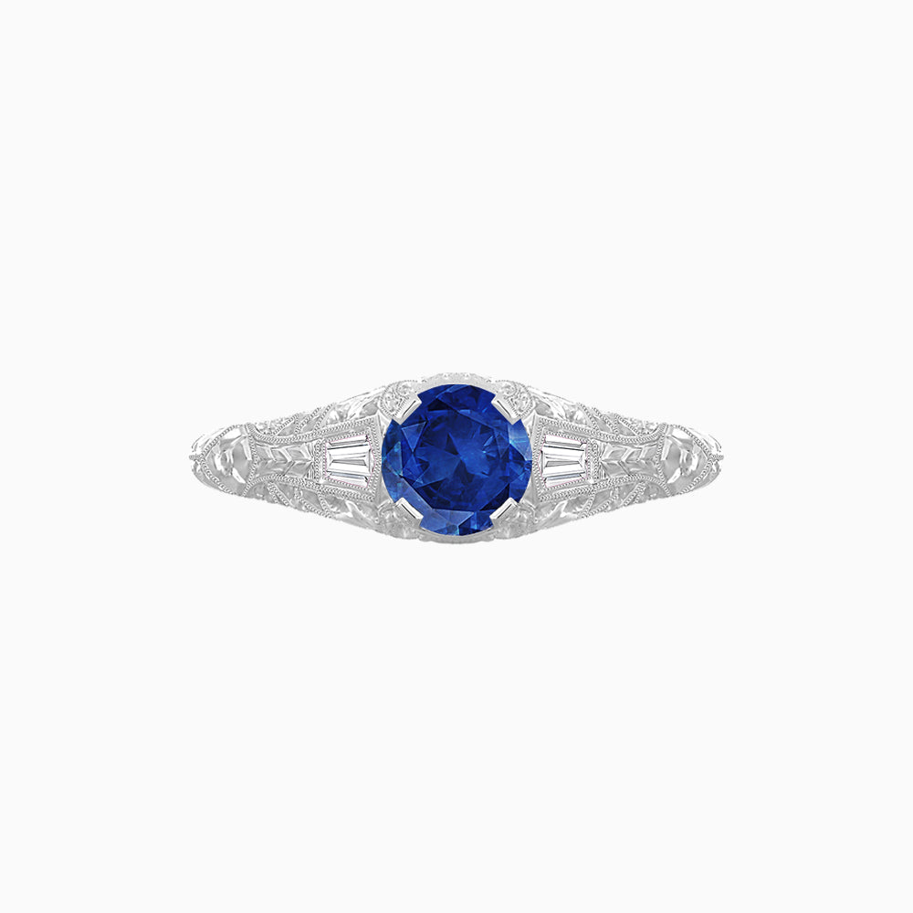 Vintage-Inspired Round Cut Ring with Tapered Diamond Accents and Hand-Engraved Details