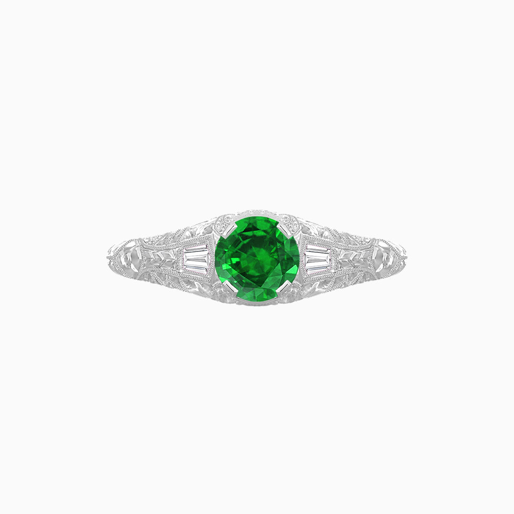 Vintage-Inspired Round Cut Ring with Tapered Diamond Accents and Hand-Engraved Details