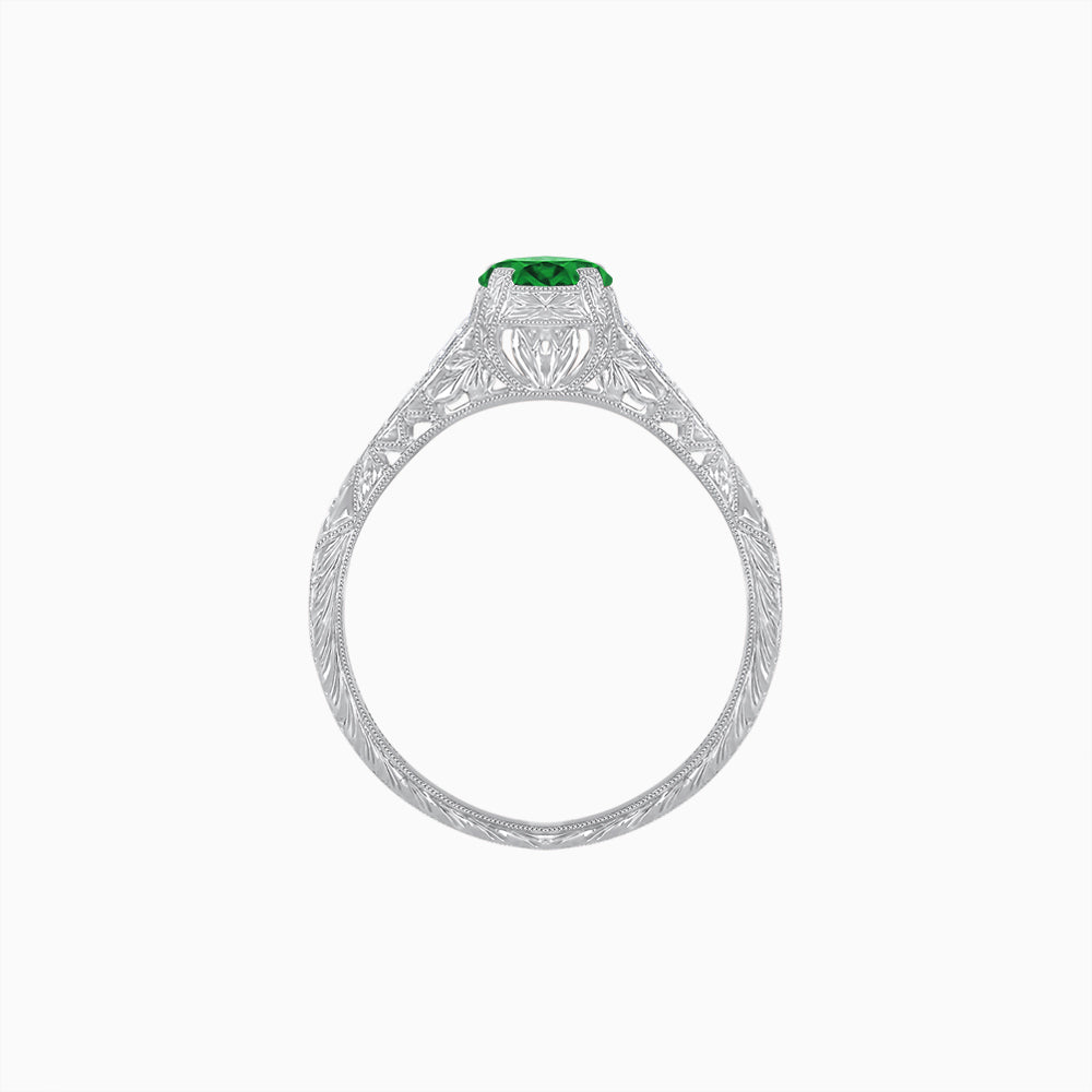Vintage-Inspired Round Cut Ring with Tapered Diamond Accents and Hand-Engraved Details