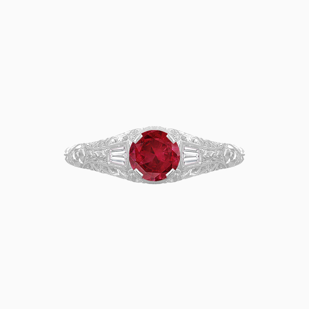 Vintage-Inspired Round Cut Ring with Tapered Diamond Accents and Hand-Engraved Details