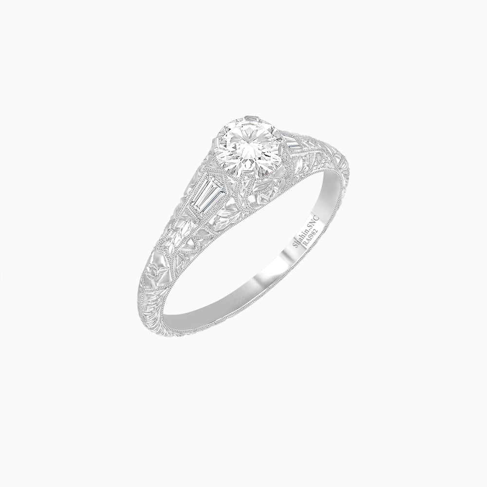 Vintage-Inspired Round Cut Ring with Tapered Diamond Accents and Hand-Engraved Details