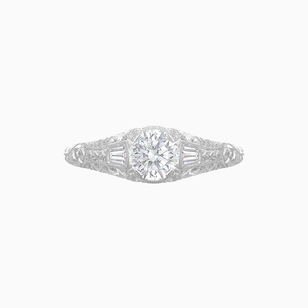 Vintage-Inspired Round Cut Ring with Tapered Diamond Accents and Hand-Engraved Details