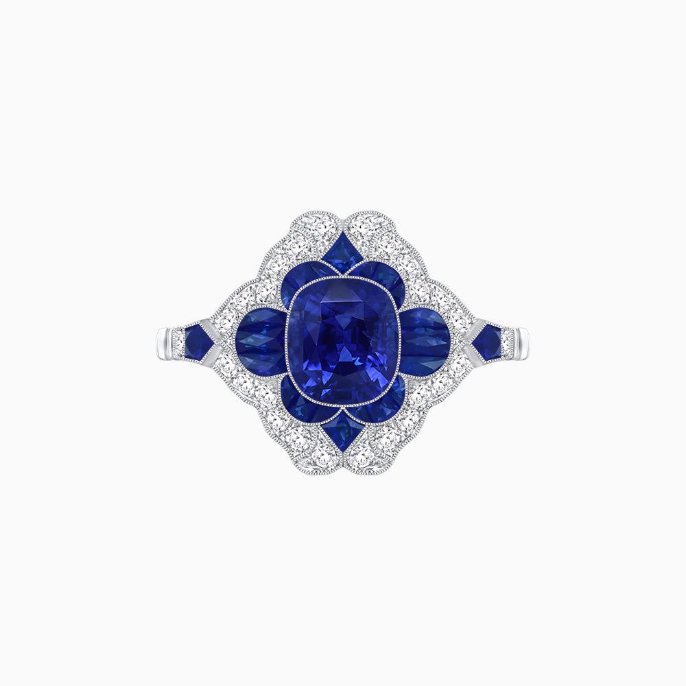 Vintage Floral Halo Ring Mounting with Cushion Cut Center Stone and Diamond Accents