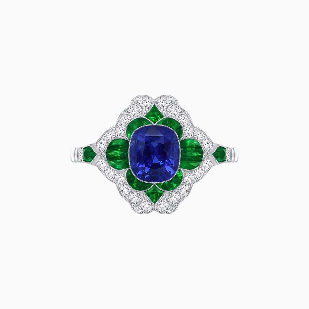 Vintage Floral Halo Ring Mounting with Cushion Cut Center Stone and Diamond Accents